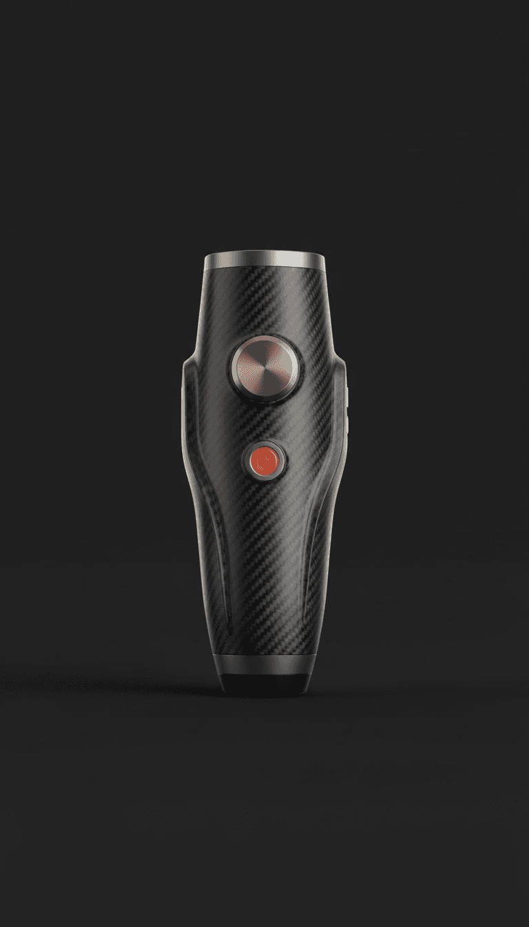 Carbon fiber handheld device with gold and red buttons